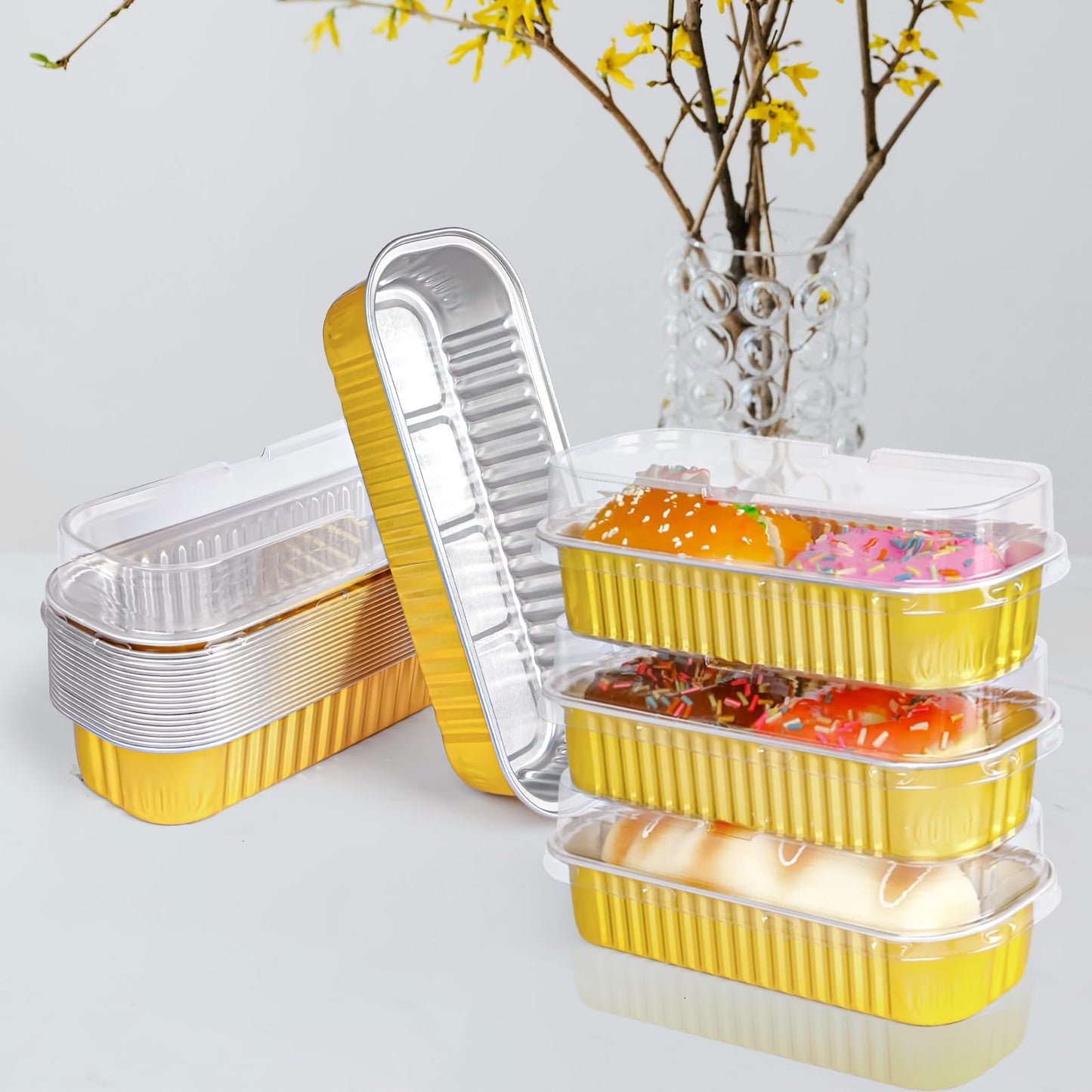 50PCS Rectangle Mini Loaf Pans With Lids,Mini Cake Pans with Lids,Disposable Ramekins Baking Cups Muffin Tins Cupcake Cups For Wedding Birthday Party,6.8oz（Gold）