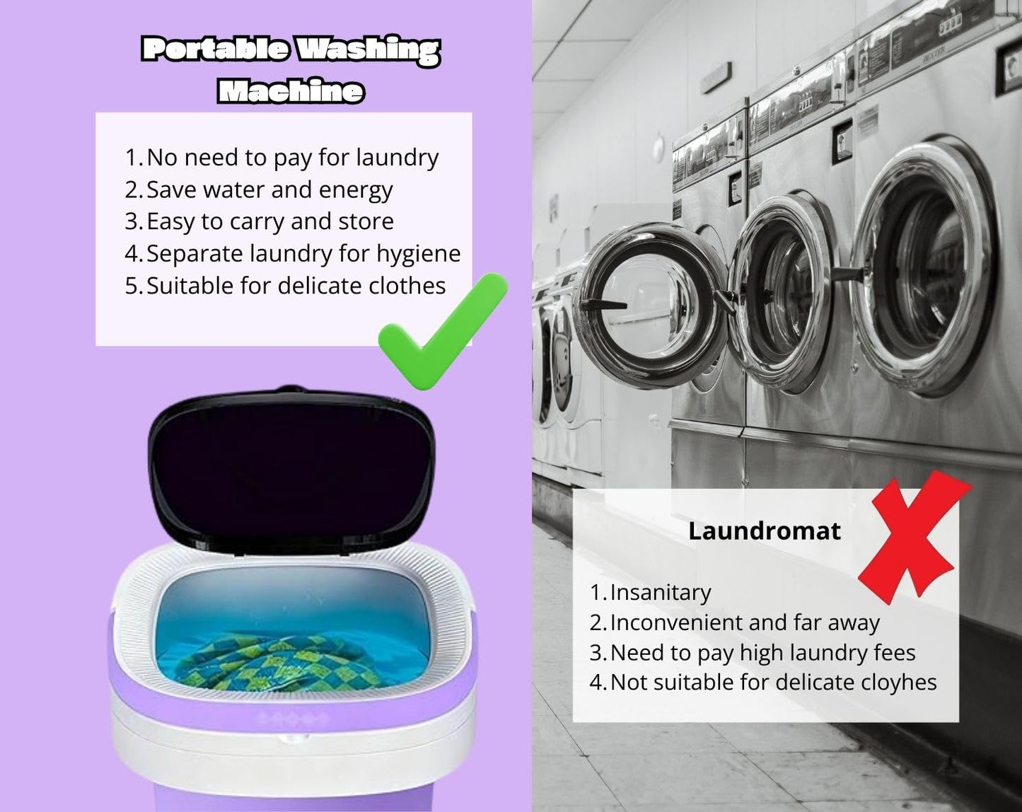 Portable Electric Foldable Mini Washing Machine 16L – Touch Digital Control for Baby Clothes, Underwear, Camping, RV – Spin Function – Purple