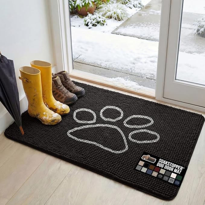 GORILLA GRIP SoakSTOPPER Dog Door Mat, 48x30 Machine Washable Rug Absorbent Doormat Captures Moisture Mud Dirt, Quick Dry Soft Chenille Entryway Rugs Indoor Entrance Mats for Dog Paws, Black White