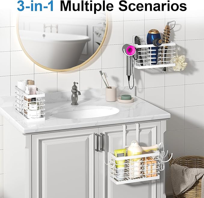 Sevenblue Hair Tool Organizer, 2026 Upgraded 3-in-1 Universal Hair Dryer Holder, Adjustable Height Metal Blow Dryer Holder Wall Mounted/Over Cabinet Door, Bathroom Organizer and Storage(White)