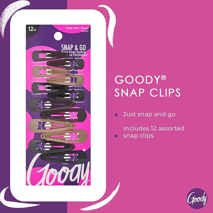 Goody Metal Contour Hair Snap Clips - 12 Count, Assorted Colors - Just Snap Into Place - Suitable for All Hair Types - Pain-Free Hair Accessories for Women and Girls - All Day Comfort