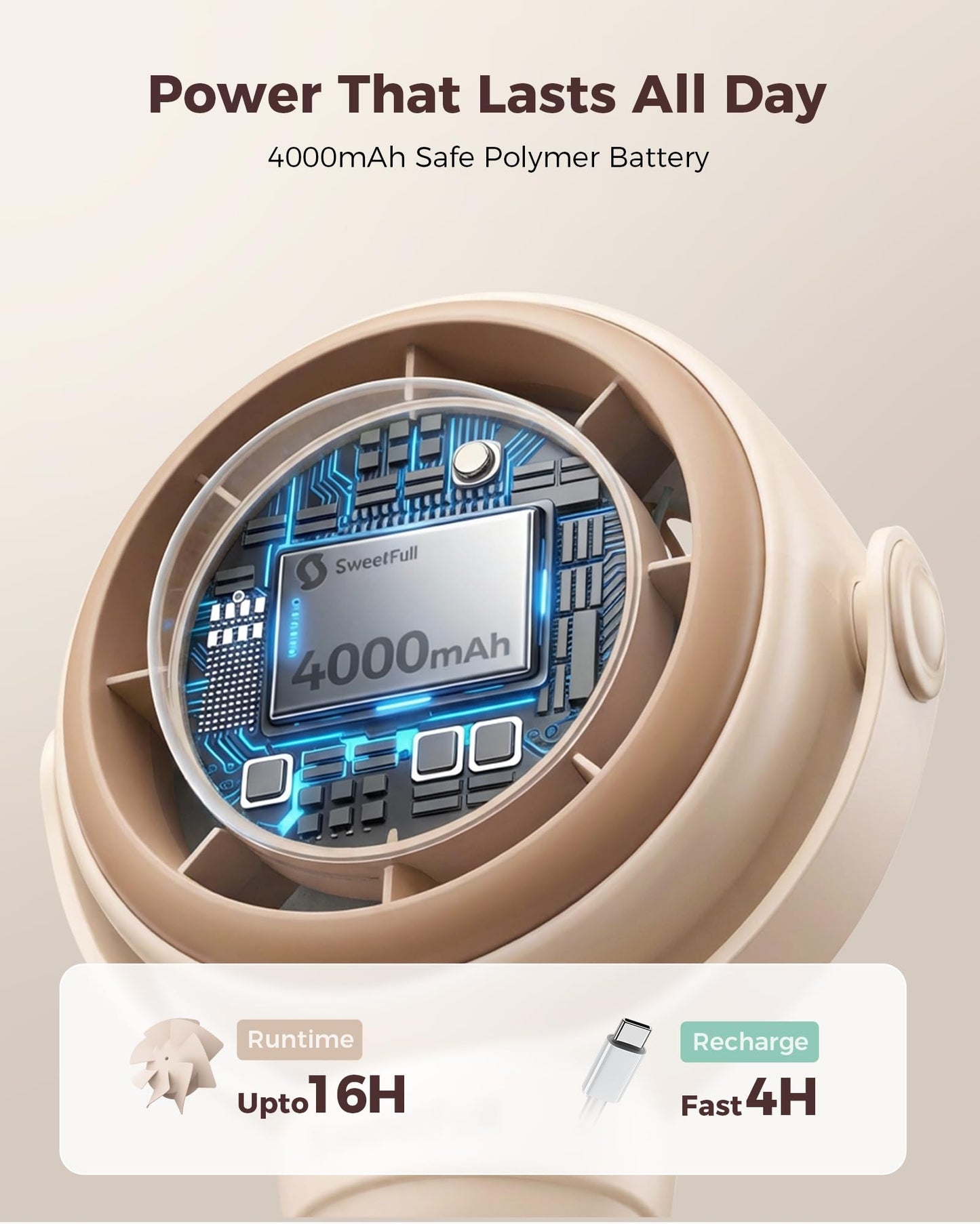 SWEETFULL Baby Stroller Fan - 4000mAh Rechargeable 4-Speed Quiet with LED Display & Night Light, Mini Portable 360° Clip On Safe Fan for Car Seat, Crib, Travel - Brown