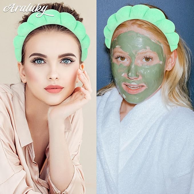 Women's Spa Headband for Washing Face, Makeup Removal, and Shower - Terry Cloth Puffy Sponge Headband with Hair Accessories (Green)
