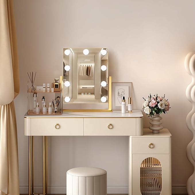 Gold Hollywood Vanity Mirror with Lights, 9 Dimmable Bulbs, 3 Color Lights,Make Up Lighted Mirror, 10x Magnification 360°Rotation(12" x 14")