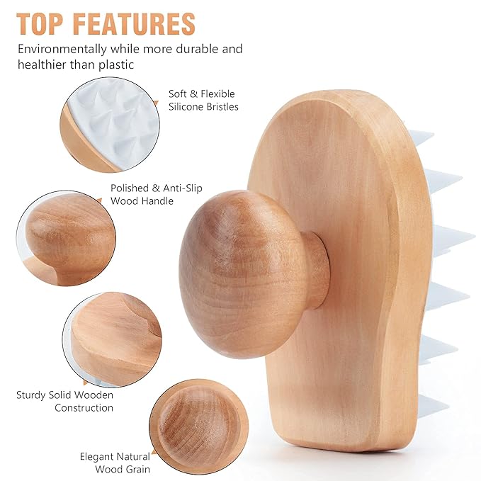 Hangerspace Scalp Massager Shampoo Brush, Wooden Wet and Dry Hair Scalp Care Brush, Shower Brush Scalp Scrubber Exfoliator with Soft Silicone Bristles for Dandruff Removal, Hair Growth (White)