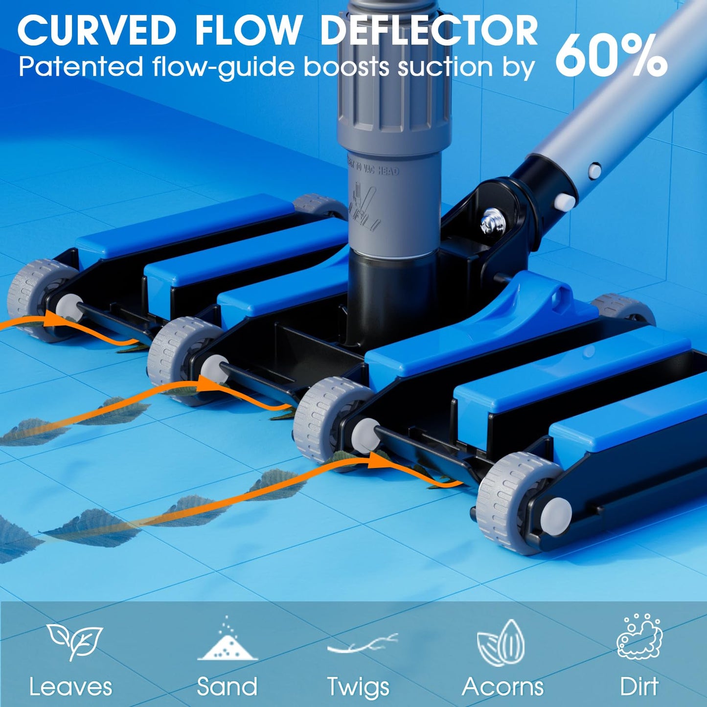 Commercial-Grade 4.4 LB Weighted Pool Vacuum Head & Swivel Handle - Lab-Tuned Brush,Debris Guide & Vinyl-Safe Wheels for High-Efficiency Cleaning,Inground & Above Ground Swimming Pools –Blue