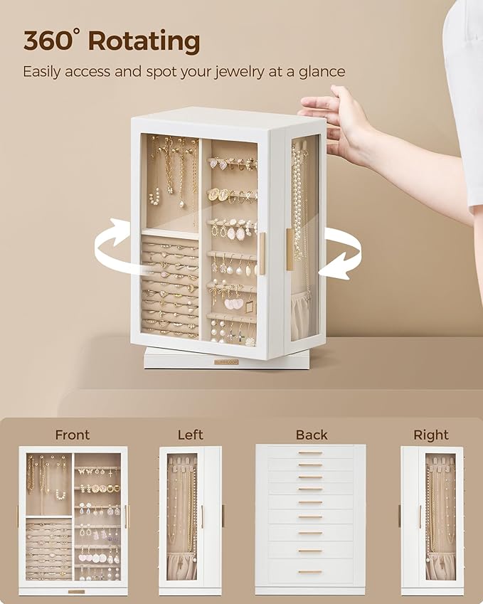 Glimmloop 360ÃÂ° Rotating Jewelry Box with 9 Drawers, Spacious Vertical Jewelry Organizer with Glass Window, Jewelry Storage Case, Dustproof & Moisture-resistant Design, White