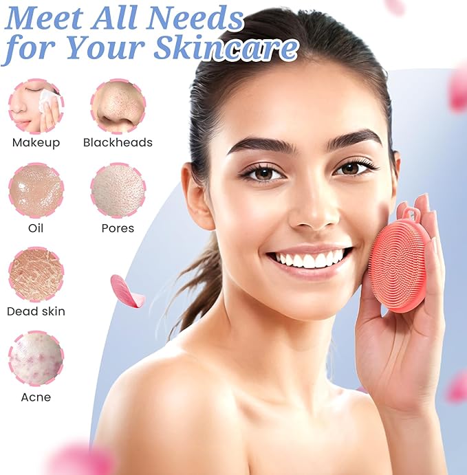 Silicone Back & Body & Face Scrubber Set 3PCS, Gentle Exfoliating Back & Body Scrubber with Dual-Side Brush Head, Hygienic Silicone Loofahs with Soft Bristle and Non-Slip Handle(Pink-3PC)