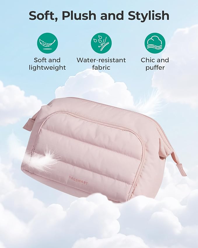 BAGSMART Travel Makeup Bag, Cosmetic Bag Small Make Up Organizer Case,Wide-open Pouch for Women Purse for Toiletries Accessories Brushes,Large Beige