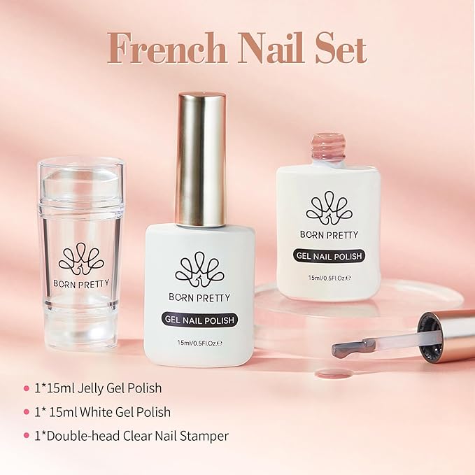 Born Pretty French Manicure Kit, Nail Stamper and 2Pcs Gel Nail Polish, Include Jelly Natural Pink White Colors for French Tip, U V Light Cure