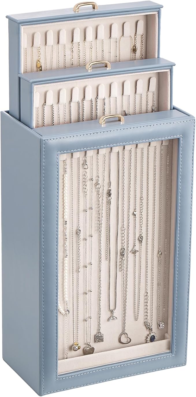 Lolalet Necklace Organizer Box, Jewelry Storage Box with Clear Window for Necklaces Bracelets, Tangle-Free Necklace Display Case for Women Girls -Dusty Blue, 3 Layers 30 Hooks