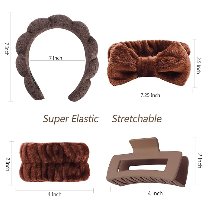5 Pcs Spa Headbands for women and girls face washing, makeup, facial skin care, fluffy sponge SPA hairband bow hairband hairpin wristband set. (coffee)