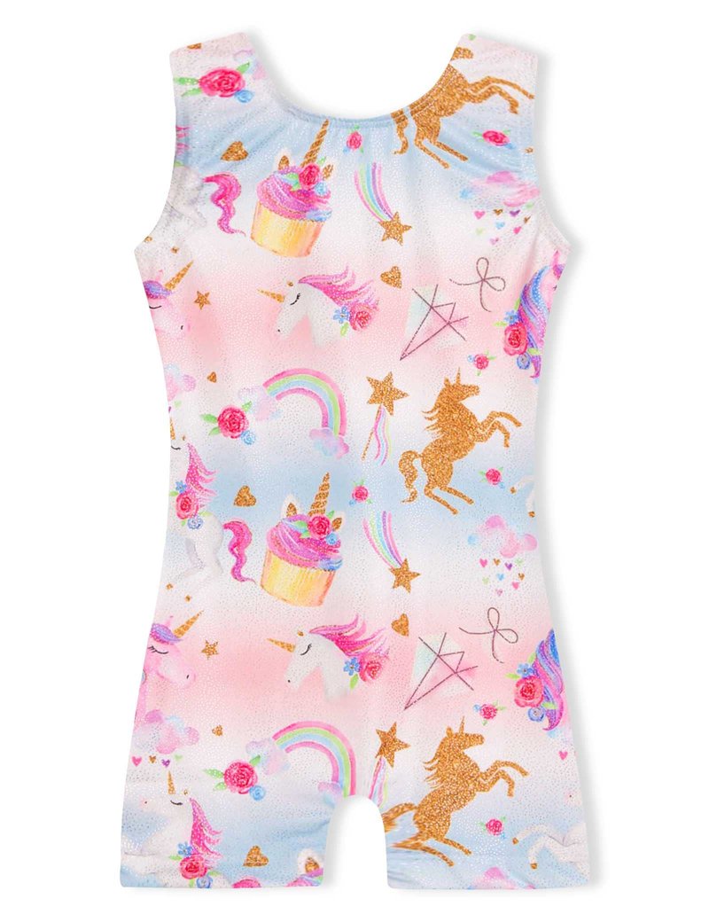 Domusgo Leotard for Girls Gymnastics Size 3t 4t Shiny Sleeveless Rainbow Unicorn Biketard with Shorts