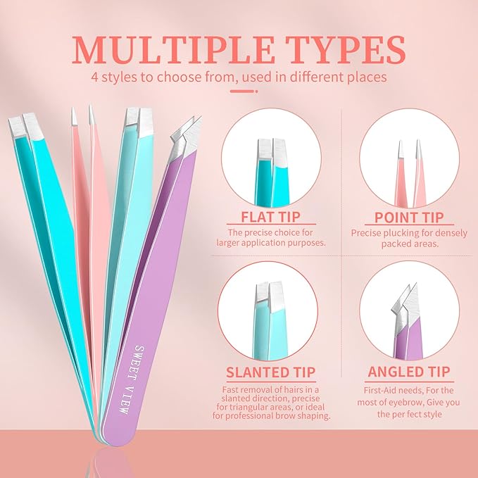SWEET VIEW 7pcs Eyebrow Tweezers Kit for Women Precision Plucker with Brow Scissors & Razor & Spoolie for Facial, Chin, Brow, Splinter and Ingrown Hair