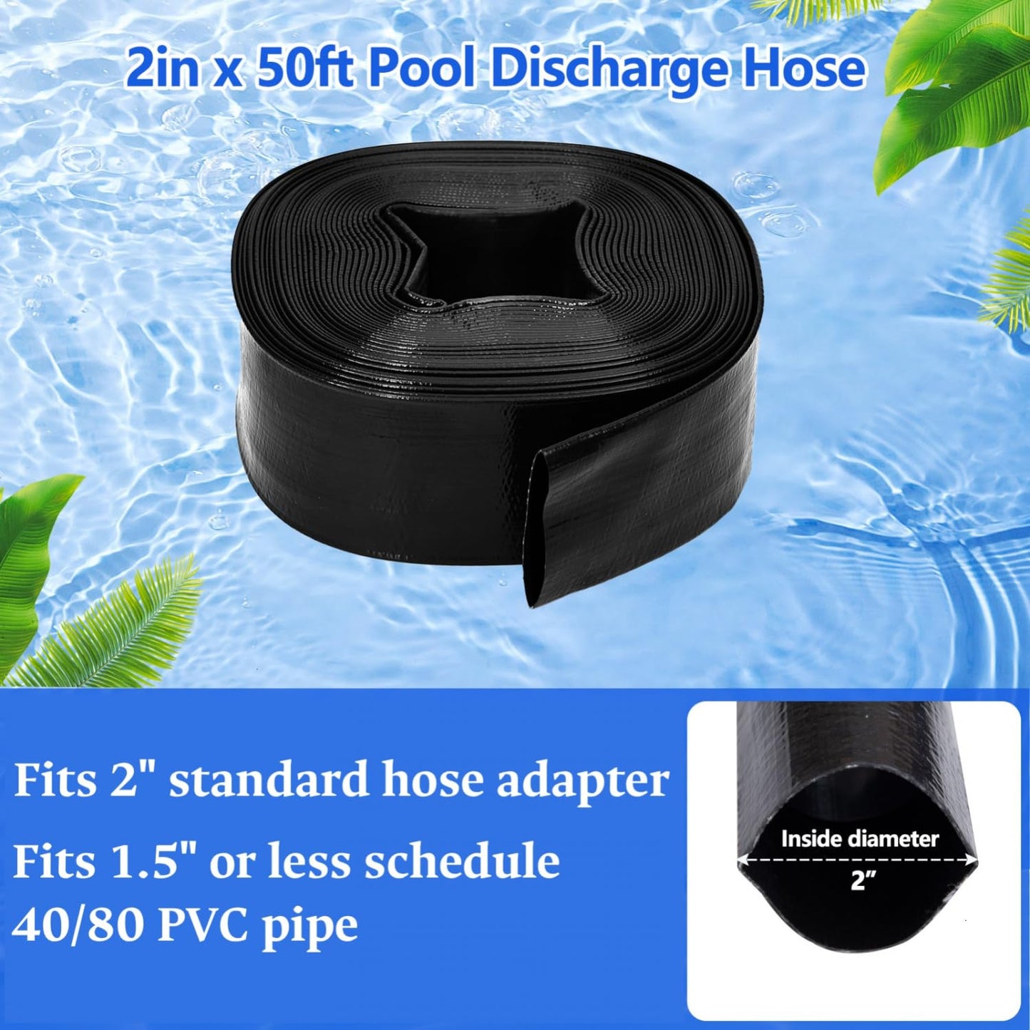 Gonioa 2 inches x 50 FT Heavy-Duty PVC Swimming Pool Backwash Hose, Reinforced Discharge Hose with Clamp for Swimming Pools, Black