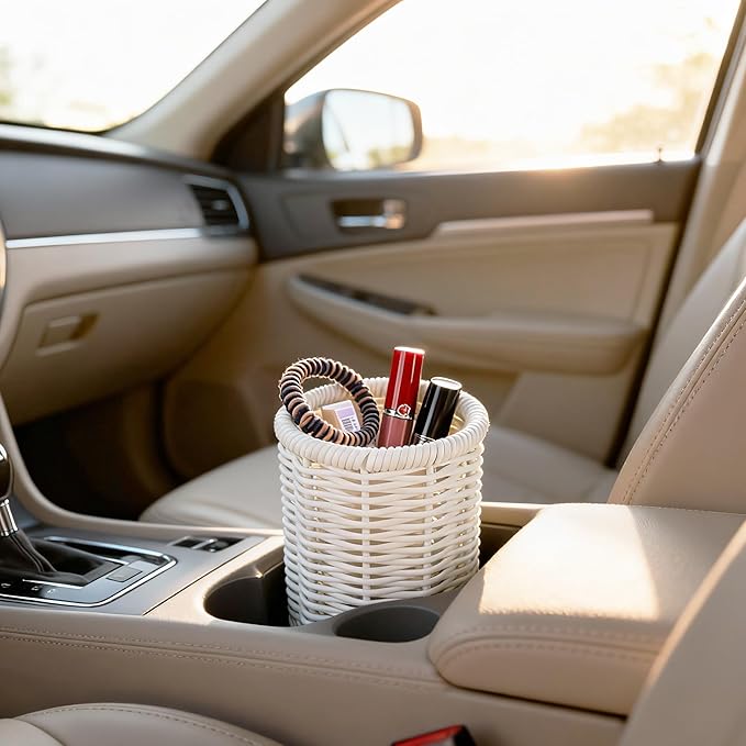 Rattan Jars, Car Storage Box, 4.13" x 4.92" Bathroom Essentials Accessories Decor, Round Vanity Storage Organizers, for Hair Accessories, Cotton Pads, Cotton Ball, Cosmetics, White (DP054)