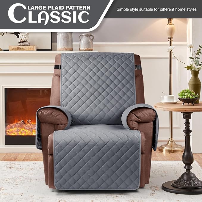 KinCam 100% Waterproof Recliner Chair Cover, Reclining Couch Covers for Pets, Dogs, Recliner Couch Slipcover Furniture Protector with Elastic Straps for Kids(23.6", Dark Gray)