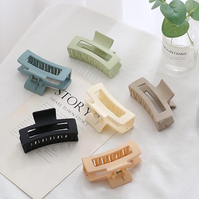 Auseibeely 6 Pack Square Claw Clips for Women Girls,Rectangle Hair Clip 3.35" Medium Non-slip Claw Clips, Strong Hold Matte Jaw Claws for Thin/Medium Hair Banana Jaw Clips Accessories Gift