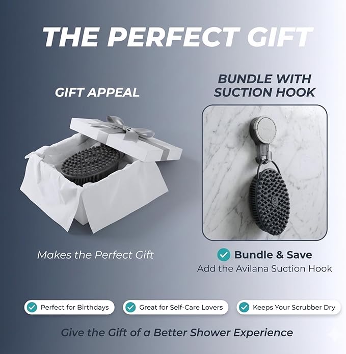Avilana Silver Edition Back Scrubber Long Handle 19 Inch - Trusted Since 2017 - SGS Certified Silicone Bath Brush, Dual Sided Exfoliating Body Brush Extended Reach Back Washer Women Men Seniors Gift