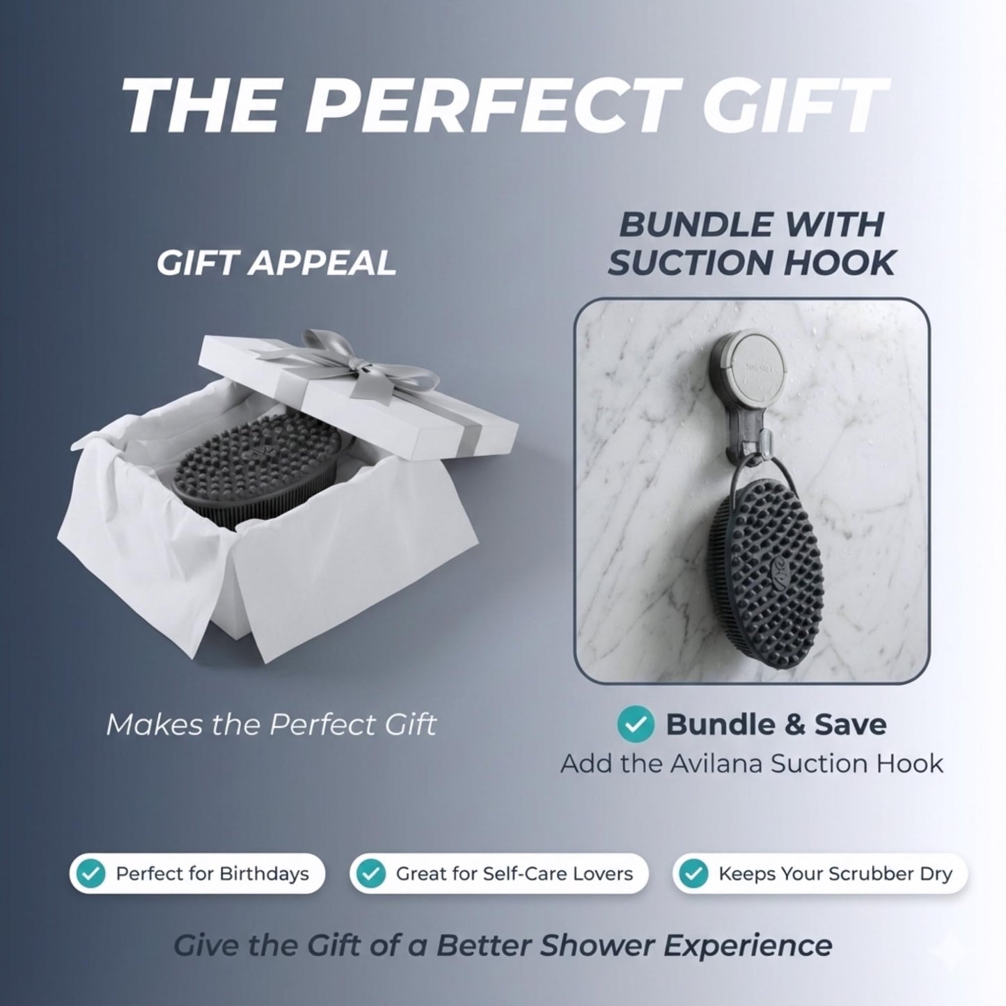 Avilana Silver Edition Exfoliating Body Scrubber - Silver-Ion Infused Silicone Bath Brush, ISO Tested Dual Sided, Stays Fresh Firm Bristles Smooth Rough Bumpy Skin Texture Loofah Alternative Women Men