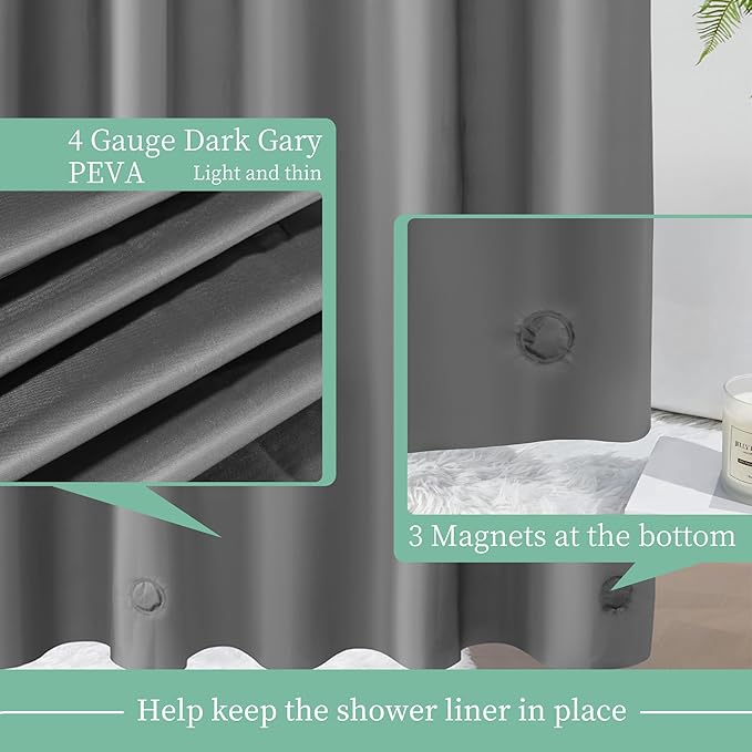 Mrs Awesome Dark Grey Shower Curtain Liner with 3 Magnets, 72x72 Premium Flexible Sturdy Plastic Shower Curtain for Bathroom Lightweight & Waterproof, Dark Gray