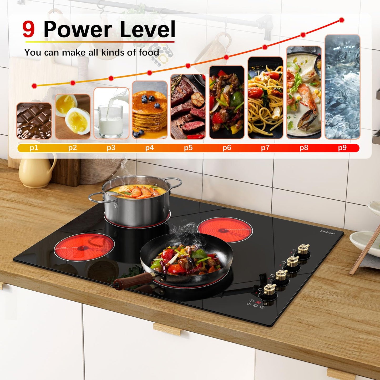 Karinear Electric Cooktop 30 Inch, 4 Burners Electric Stove Top, Built-in Radiant Cooktop with Expandable Burner, Knob Control, Safety Lock, Timer, 6700W 220~240V Hard Wired(No Plug)