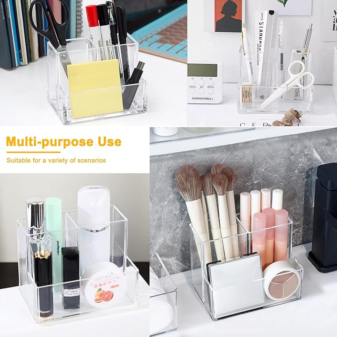 Cerpourt Clear Acrylic Makeup Brush Organizer,Multi-Purpose Cosmetic Brushes Storage Holder with 3 Slots,Pencil Pen Holder for Desk,Desk Organizer and Accessories for Vanity