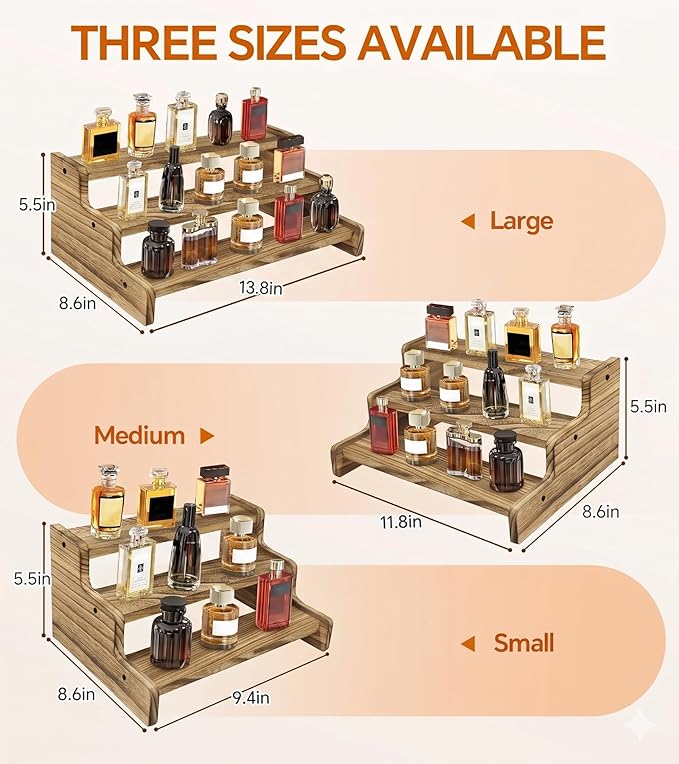 Wooden Cologne Organizer for Men, Perfume Organizer Stand, Cologne Stand with Anti-Slip Washers, Wooden Display Risers Stand for Dessert, Cupcake, Charcoal-Grilled, 3-tier-11.8in