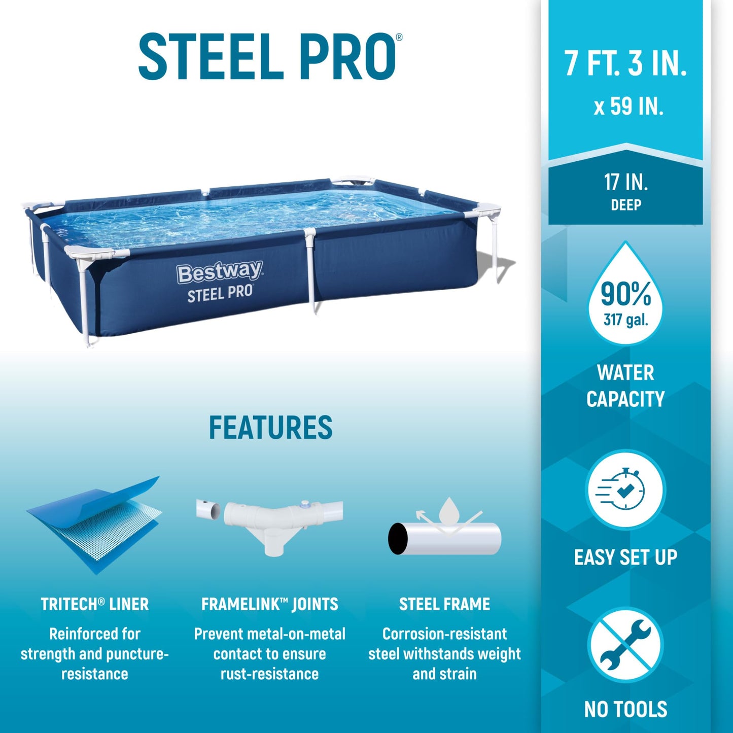 Bestway Steel Pro 87 Inch x 59 Inch x 17 Inch Rectangular Metal Frame Above Ground Outdoor Backyard Swimming Pool, Blue (Pool Only)