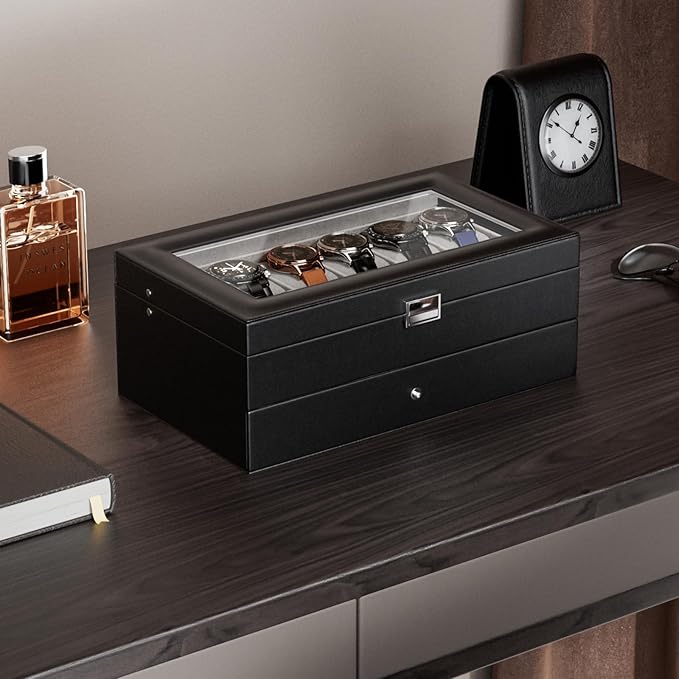 ProCase Watch Box, 12 Slot Mens Watch Case With Drawer, 2-Layer Watch Display Case With Glass Lid, Mens Jewelry Box Storage Holder Organizer, Birthday Valentine Gifts for Men -12Slot, Black