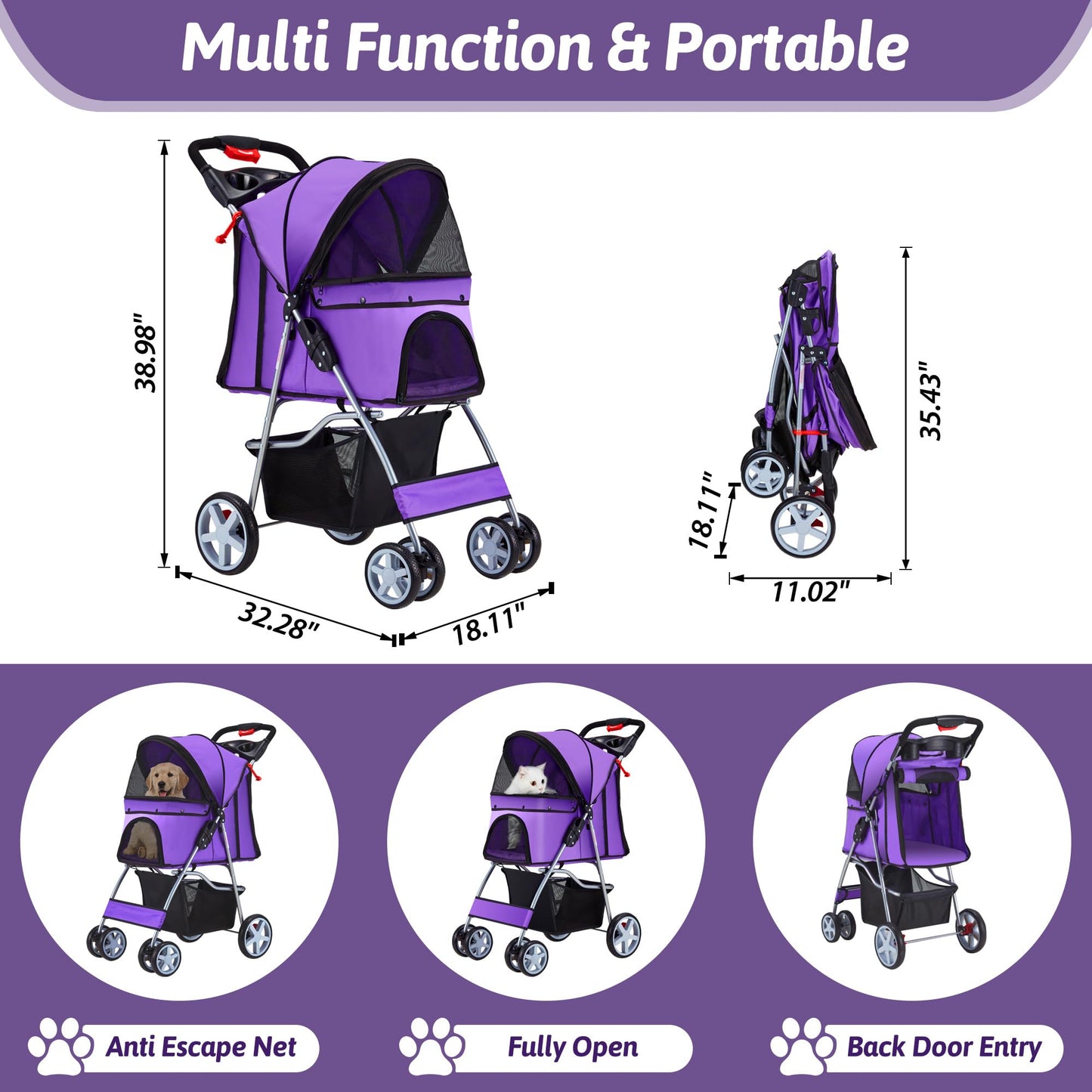 Azaeahom Pet Stroller, 4 Wheels Pet Strolling Cart for Medium/Small Dogs and Cats, Foldable Cat Jogger/Dog Stroller with Cup Holder, Storage Basket, Breathable Mesh, All-Season Pet Carrier, Purple