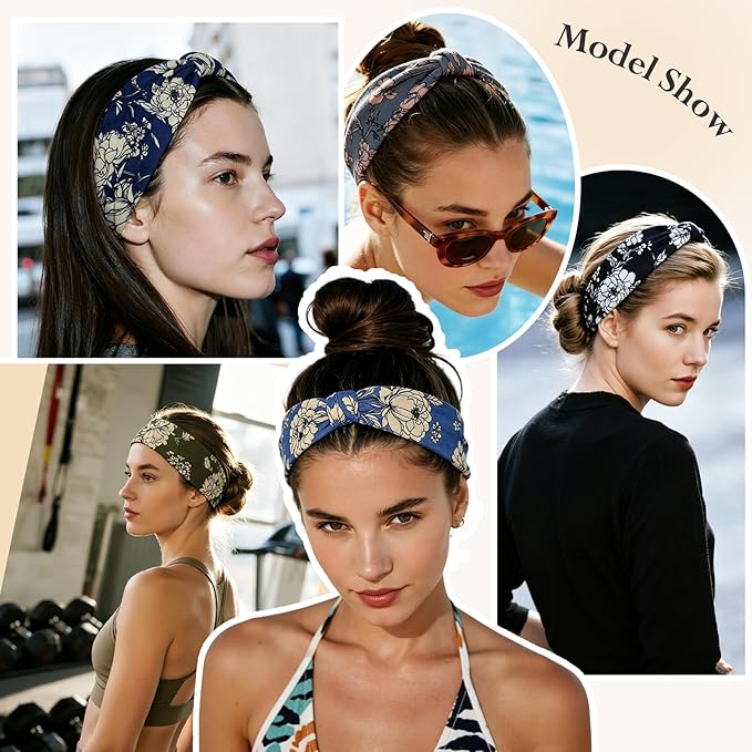 HSEM Wide Headbands for Women 6-Pack – Non-Slip Boho Hair Bands, Thick Elastic Flower Head Bands – Large Knotted Soft Stretchy Sweat Bands for Sports, Yoga, Washing Face, Makeup, Running, Spa