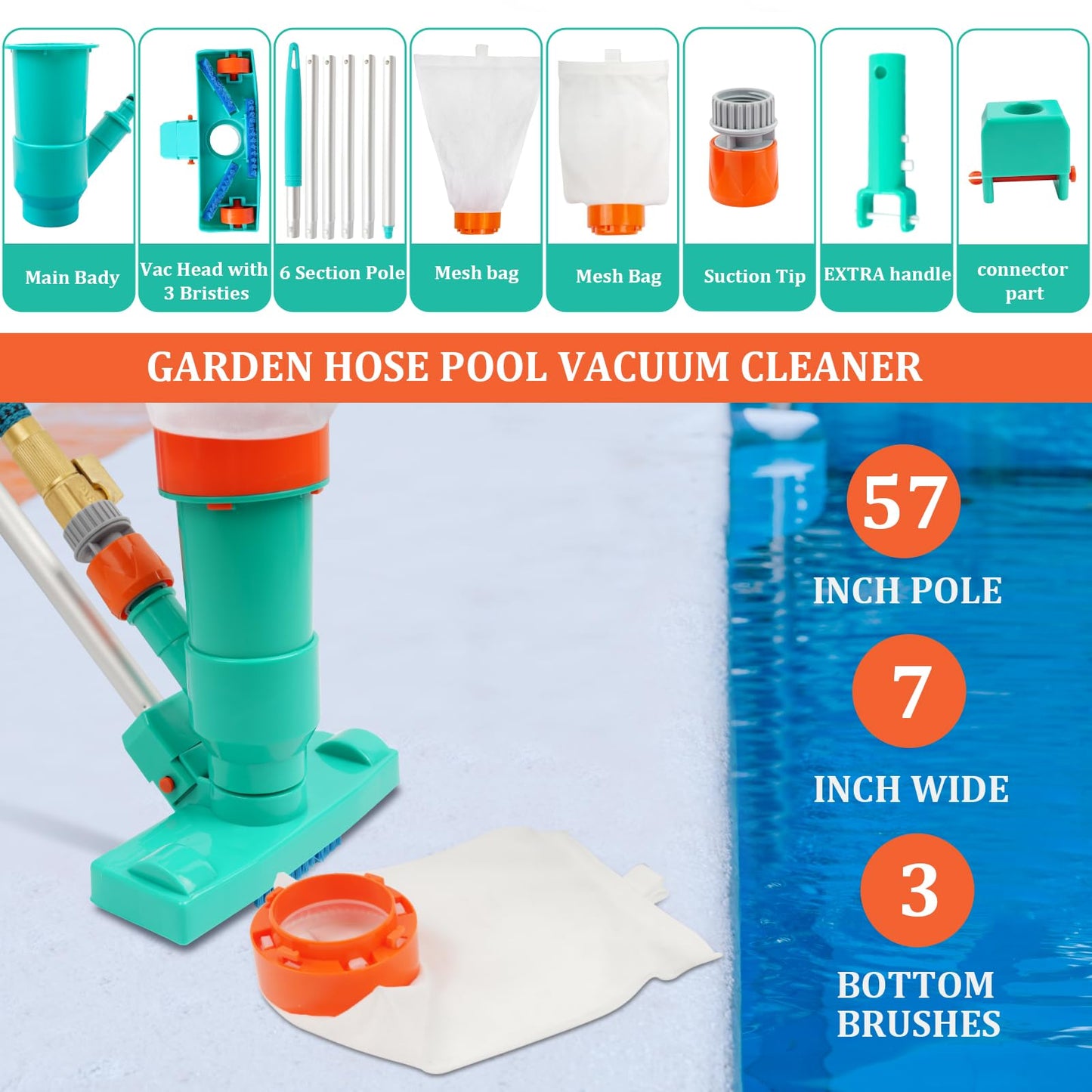 Premium Pool Vacuum Jet Underwater Cleaner, 3 Scrub Brushes, 2 Fine Mesh Bags, 6 Section Telescopic Pole of 56.5" and Handle - for Above Ground Pools,Spas & Ponds