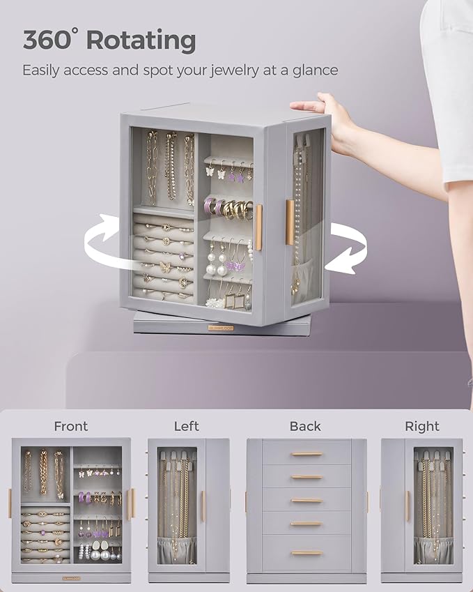 Glimmloop 360ÃÂ° Rotating Jewelry Box with 5 Drawers, Spacious Vertical Jewelry Organizer with Glass Window, Jewelry Storage Case, Dustproof & Moisture-resistant Design, Grey