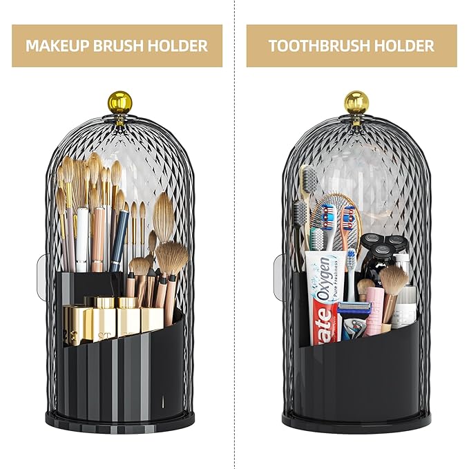 Dustproof Toothbrush Holder with Lid, 360 Rotating Countertop Electric Toothbrush Toothpaste Holders with Cover for Bathroom, 3 Slots Makeup Brush Holder with Lid for Vanity, Black