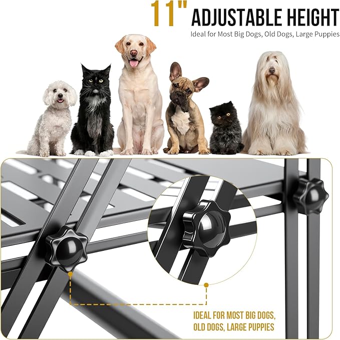 OneTigris Elevated Dog Bowl, Raised Dog Bowls for Medium Large Dogs, Adjustable Height, with Non-Slip Mat No-Spill Baffle, Height Adjustable from 2" to 11" Black (Bowls Not Included)