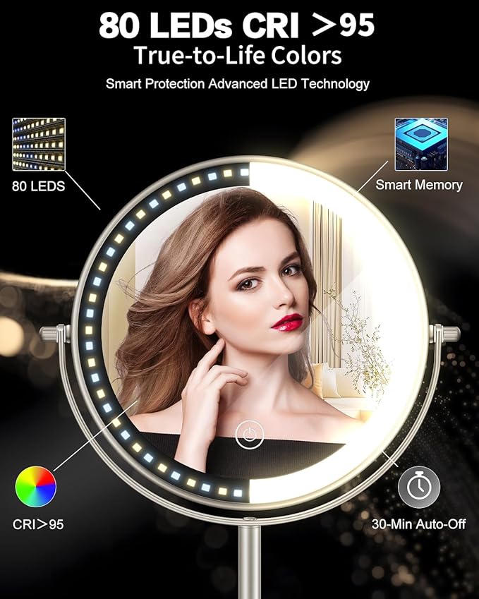 VFD 30X/1X Makeup Mirror with Lights, Height Adjustable Lighted Magnifying Vanity Mirror with 3 Lighting and Adjustable Brightness, 3000mAh Rechargeable Double Sided Switch for Desk Women Gift