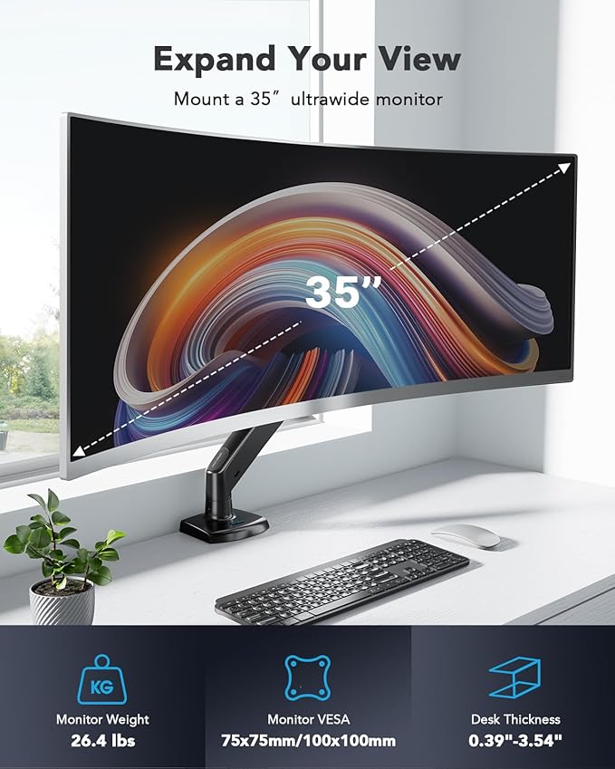 HUANUO Single Monitor Arm for 13-35 inch Screens,Ultrawide Computer Monitor Mount Holds 26.4lbs,Upgraded Adjustable Monitor Stand with USB,C-Clamp&Grommet Base,VESA 75x75/100x100mm(Black)