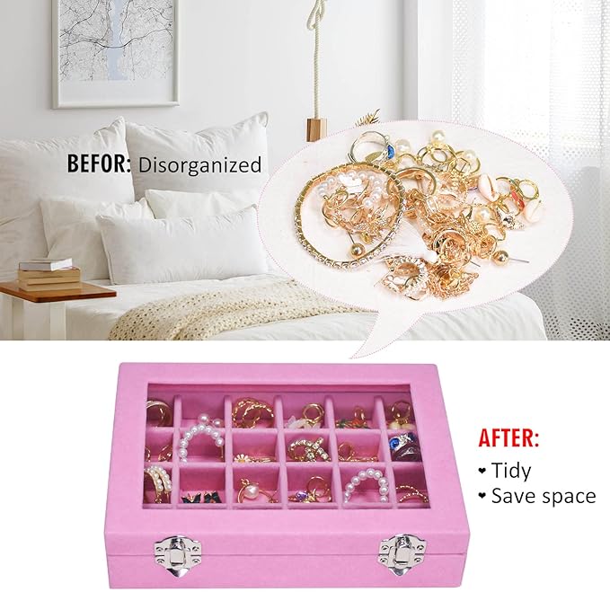 Velvet Jewelry Box 24 Grid Jewelry Ring Display Organiser Box Tray Holder Earrings Storage Case for Girls Wife Mom Women (Pink)
