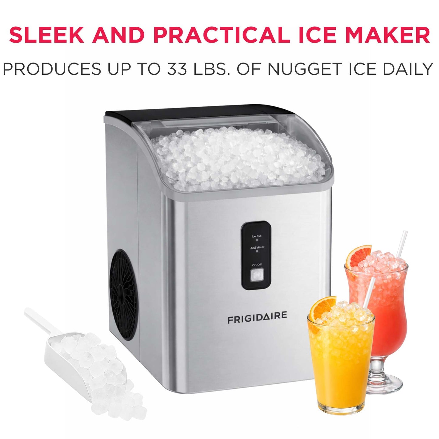 Frigidaire Countertop Crunchy Chewable Nugget Ice Maker, Compact, 33lbs per Day, Metallic Finish