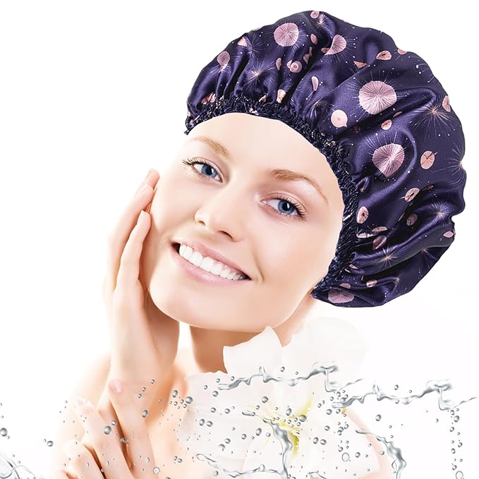 4 PCS Shower Cap for Women, Elastic and Reusable Bath Caps, Double Layers Shower Caps Reusable Waterproof, Bathing Shower Caps, Environmental Bath Hair Protection Cap - Ginkgo Leaf