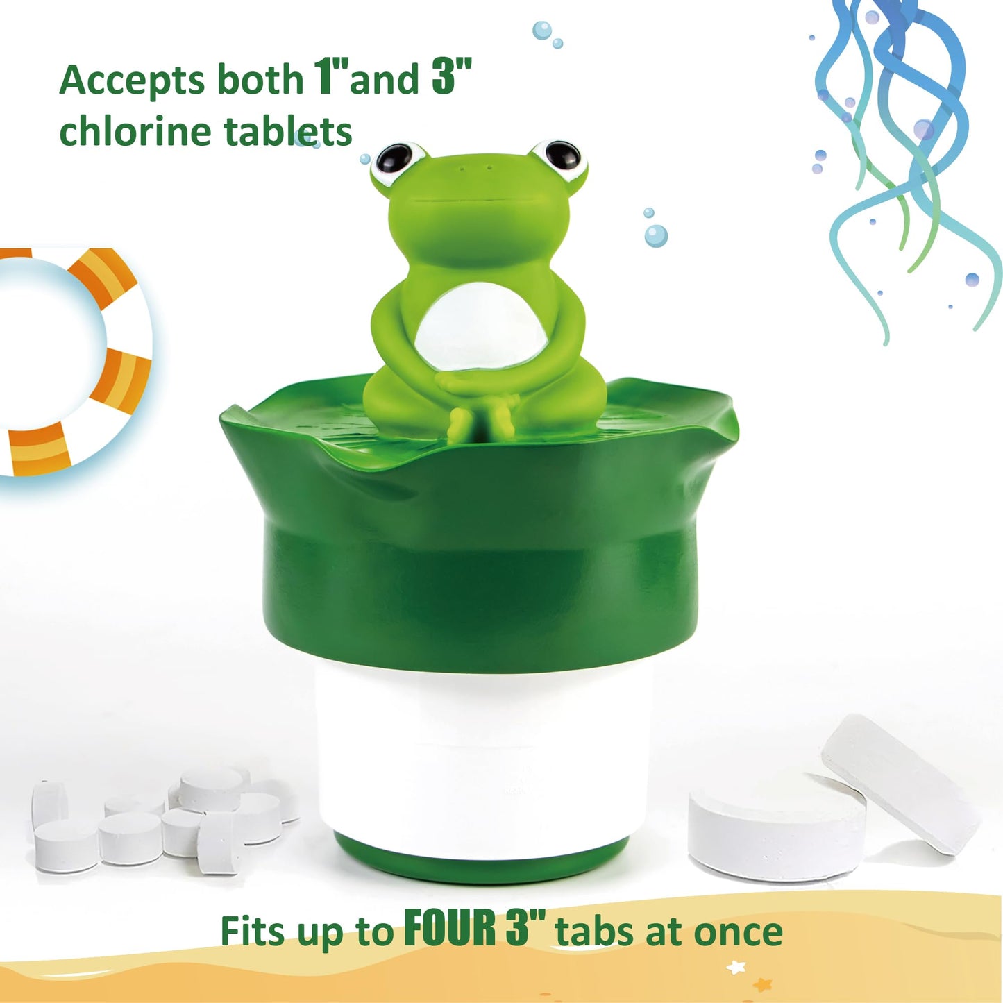 MKLZ Chlorine Floater for Pool, Floating Large Chlorine Dispenser, Bromine Tablet Holder, Fits 1 and 3 Inch Tablets for Above & In-Ground Swimming Pools, Spa Hot Tub, Funny Frog Float