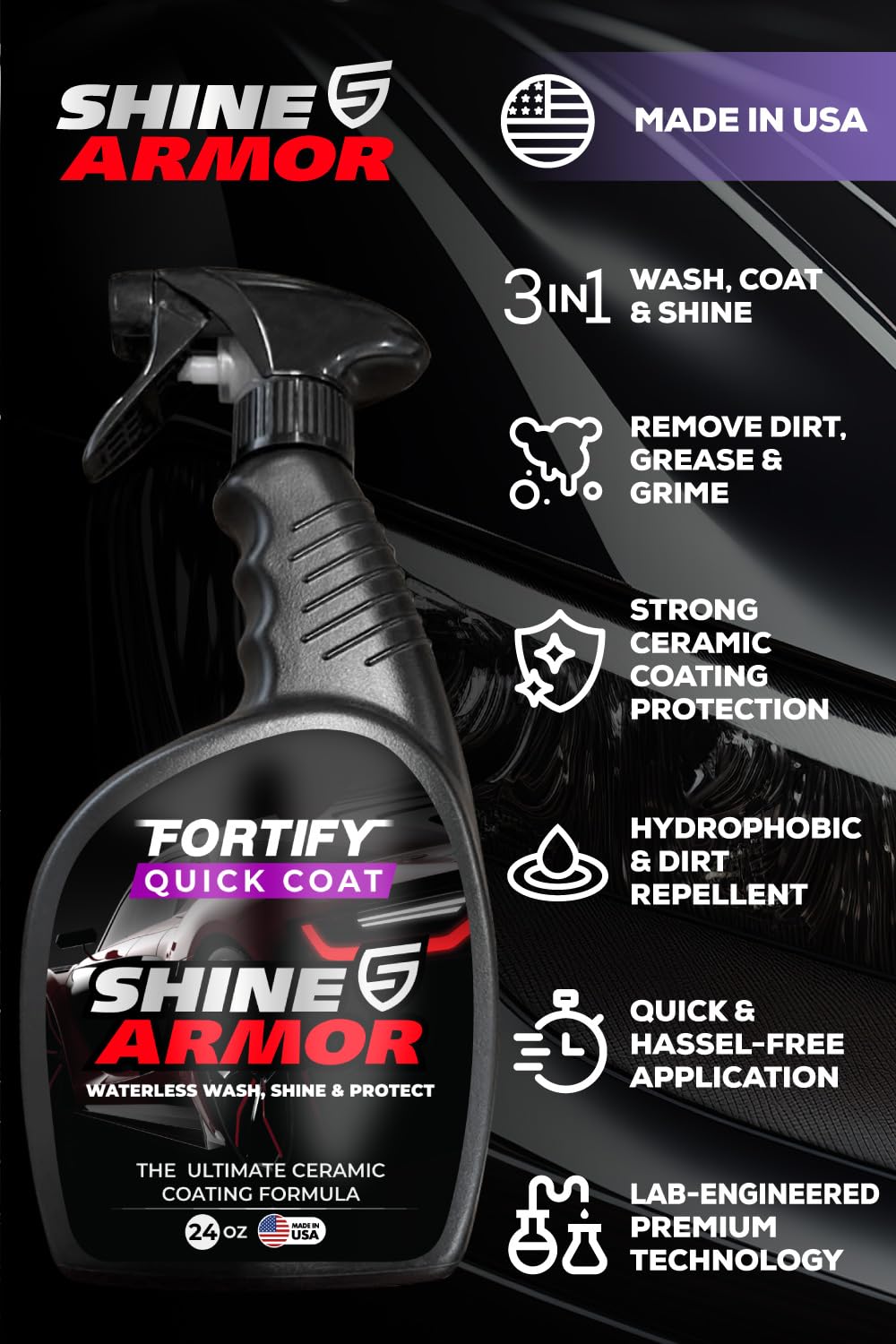Car Wax Spray and Ceramic Coating for Cars - 3 in 1 Waterless Car Wash and Detailing - Quick Effect Coating Agent for Car - High Gloss Car Coating Spray, Shiny Car Stuff by Shine Armor - 24FlOz