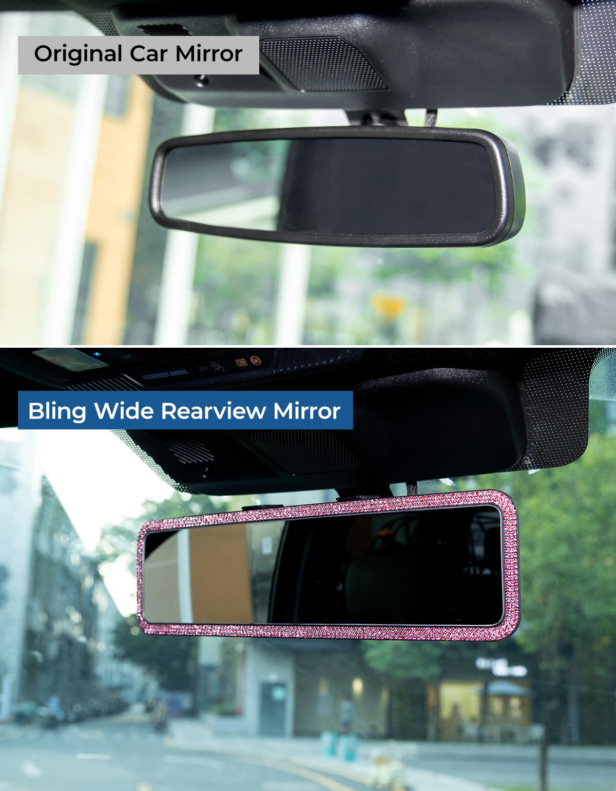 JOYTUTUS Rear View Mirror, Universal 11.81 Inch Panoramic Rearview Accessories with Bling Rhinestones Crystal Diamonds Edge, Interior Clip-on Wide Angle Rear View Mirror -Pink