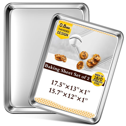 Baking Sheet Set of 2, Commercial Grade Stainless Steel Cookie Sheets for Baking, 17.5''x13'' / 15.7''x12'', Thicker and Firmer Baking Pans Set, Rust & Warp Resistant & Nonstick, Nontoxic & Heavy Duty