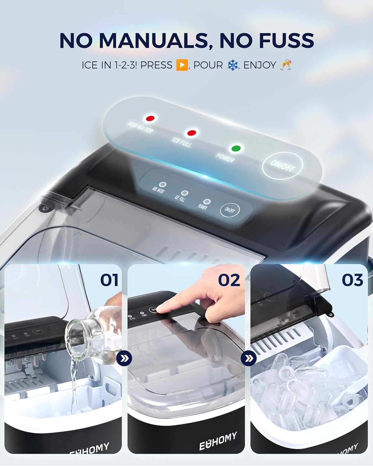 EUHOMY Countertop Ice Maker Machine with Handle, 26lbs Per Day, 9 Bullet Cubes in 6 Mins, Self-Cleaning Portable Ice Maker with Basket and Scoop, for Home/Kitchen/Camping/RV (Black)