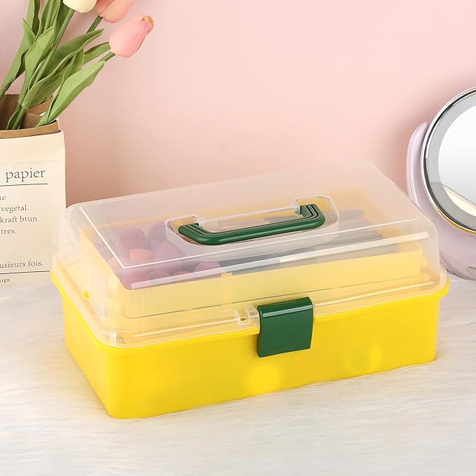 BTSKY 3-Layer Plastic Dividing Storage Box Craft Organizer with Adjustable Spacers Portable Handled Art Supply Organizer Multipurpose Home Utility Box for Sewing (Yellow+Green)