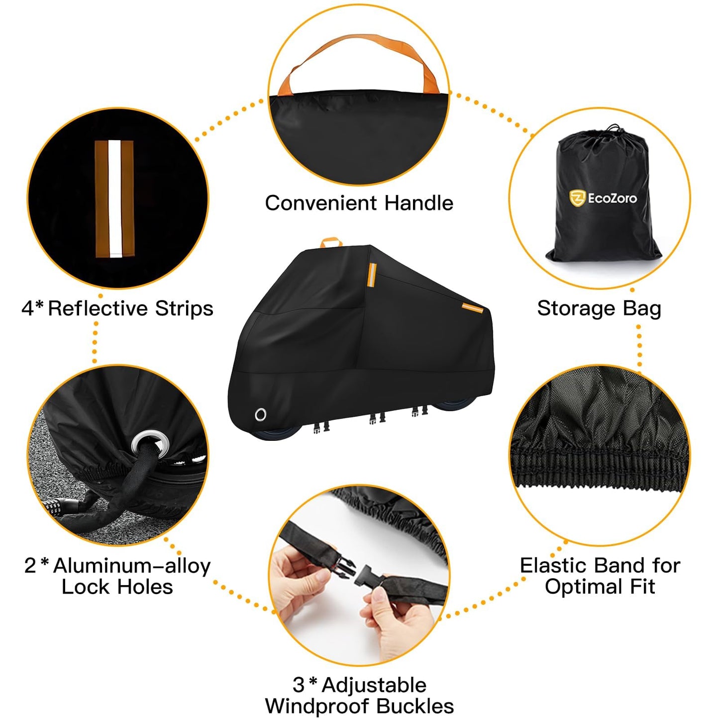 EcoZoro 300D Heavy Duty Motorcycle Cover - All Season Waterproof Outdoor Protection with Lock-Holes, Night Reflective & Storage Bag Fits up to 86.6" Cruiser, Touring, Sportbike, Dirt Bike, Scooter
