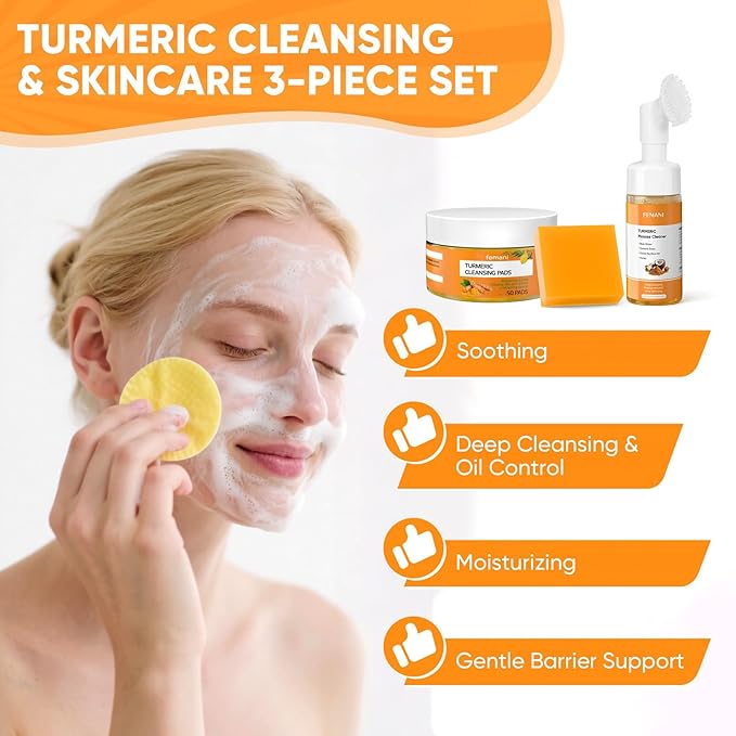 Turmeric Cleansing Pads 50 Pcs+Turmeric Soap Bar+Turmeric Face Wash with Brush, Tumeric Pads for Face and Body,Lemon Tumeric Soap for Wash, Daily Gentle Skin Cleanser Set for All Skins