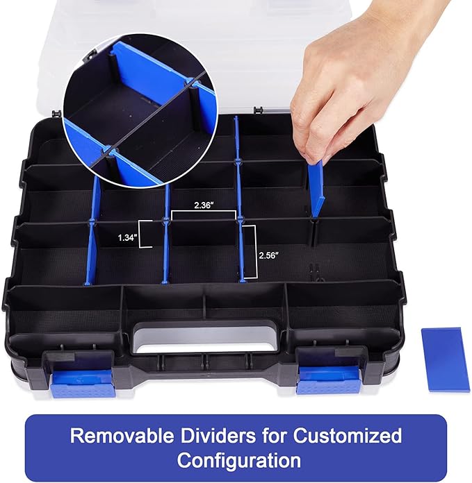 Small Parts Organizer Box Storage Case Tools Box Organizer Double Side 34 Compartments Hardware Organizers with Removable Plastic Dividers for Screws Nuts Nails Bolts, 2 Pack